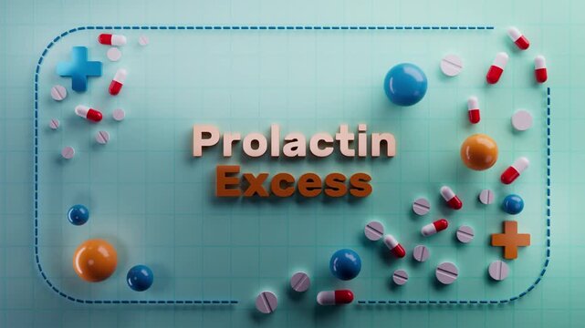 Animated text "Prolactin Excess" on a 3D medical background. Ideal for biology education, cellular energy visuals, metabolic health, nutritional science
