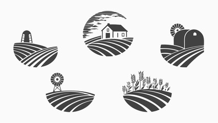 Illustrations of farms with fields, houses, barns, windmills, and wheat in a monochrome color scheme silhouette