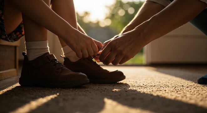 Hands tying school shoes near front door in golden hour light with warmth and emotional realism
