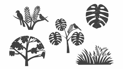 Silhouette of tropical plants and birds perched on branches in a monochrome botanical illustration