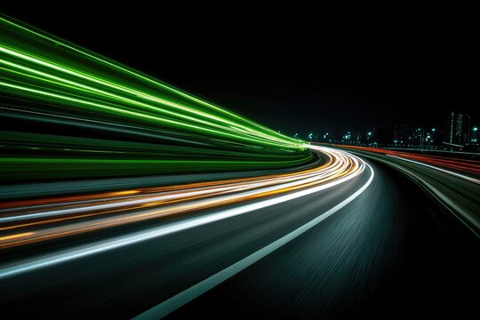 Night highway, light trails curve