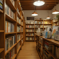 木製の本棚と温かい照明が特徴の居心地の良い書店