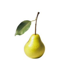 A single ripe yellow pear with a green leaf isolated on a transparent background