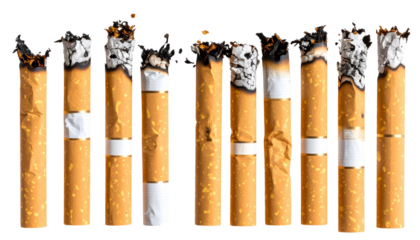 A scattered pile of cigarette butts with ash and tobacco isolated on transparent background
