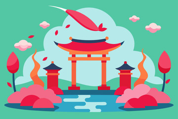 Vibrant japanese torii gate and pagoda scene with stylized nature elements