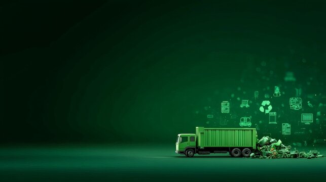 Circular Economy Concept &ndash; Waste Reduction and Sustainable Innovation, Illustration of a green garbage truck emitting waste icons against a dark background.