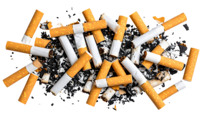 A scattered pile of cigarette butts with ash and tobacco isolated on transparent background
