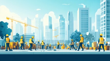 Obraz premium Construction workers cleaning up a site in a modern city.