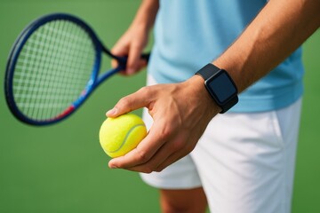 Tennis Player Prepares Serve Holding Bright Yellow Ball, sporting fitness tracker for modern, healthy lifestyle on vibrant green court.