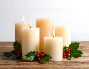 Lit Candles with Holly with Wooden Table.