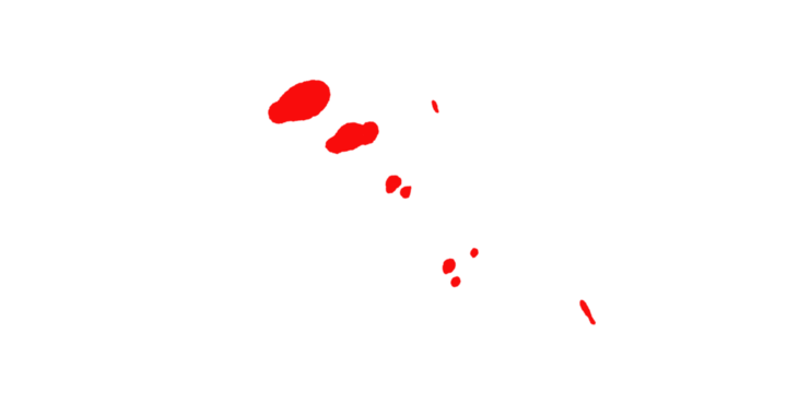 A dark background with scattered red irregular shapes of varying sizes and positions across the frame