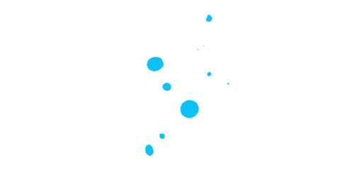 A simple abstract image of various sized blue circles scattered on a black background and gray outlines