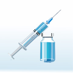 Vaccine syringe and vial in blue and white with clean medical style