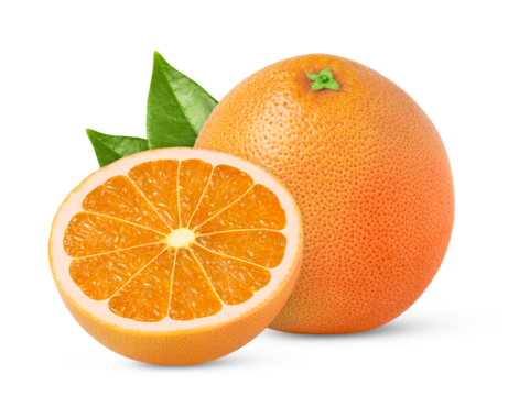 Citrus orange fruit with cut in half and green leaf isolated.