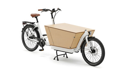 White cargo bicycle with wooden crate rear view Brown leather seat and black accents