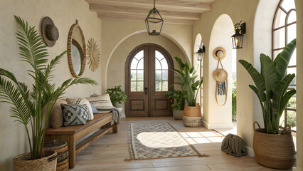 Boho Mediterranean Entryway, Arched Walls, Indoor Plants & Natural Wood Decor