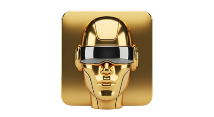 Gold robot head with vr helmet isolated on transparent background