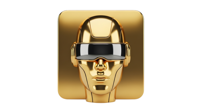 Gold robot head with vr helmet isolated on transparent background - Powered by Adobe