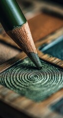 Close-up of a dark green colored pencil resting on a textured, dark green circular design within a palette of various colors