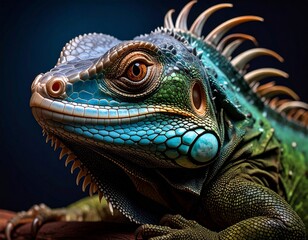 Fototapeta premium Vibrant Green and Blue Iguana Close Up Portrait.