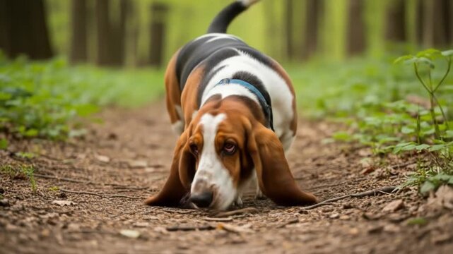 Basset hound sniffing the trail, ears flopping, nose to the ground during woodland walk