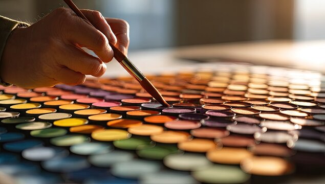 Close-up of artist hand painting with brush over colorful palette