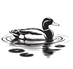 Black and White Vector Illustration of Duck Swimming in Water with Lily Pads – Minimalist Wildlife Artwork