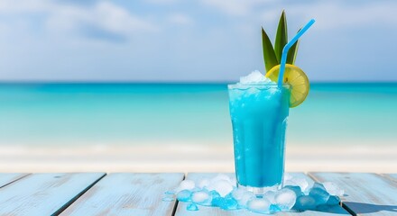 Obraz premium Refreshing blue cocktail on the beach with lemon and pineapple