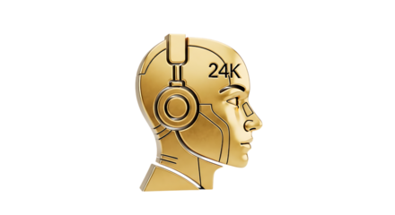 Golden head with headphones isolated on transparent background