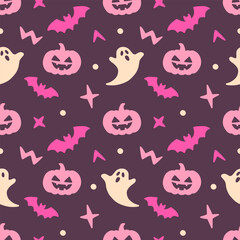 Pink seamless Halloween pattern with scattered cute elements like ghosts, pumpkins, bats, and stars. Spooky yet fun, whimsical design in pink colors. Vector Helloween seamless pattern.