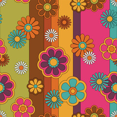 Seamless pattern of retro-style cartoon flowers with bold outlines colorful stripes. Playful, vintage aesthetic in orange, pink, and yellow. Vector retro florals background. Vintage groovy flowers.