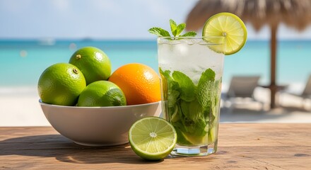 Refreshing mojito cocktail with citrus fruits on a tropical beach setting