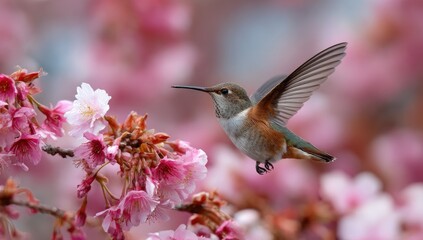 Fototapeta premium A hummingbird in flight, amidst vibrant pink cherry blossoms