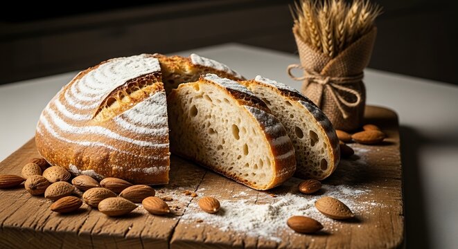 Rustic Sliced Sourdough Bread Loaf with Almonds Food Still Life