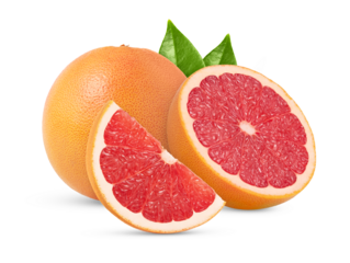 Pink whole grapefruit, half and slice isolated. Grapefruit fruit isolated. Grapefruit slices with zest cut out. Full depth of field.
