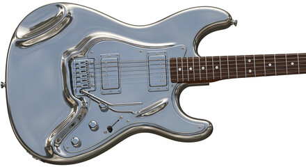 Chrome electric guitar with brown fretboard metallic body six strings detailed close up view