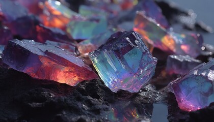Close-up of colorful, crystalline shards on dark rock
