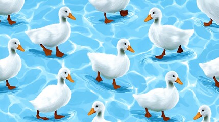 Fototapeta premium Whimsical Flock of White Ducks Swimming Gracefully in Rippling Blue Water