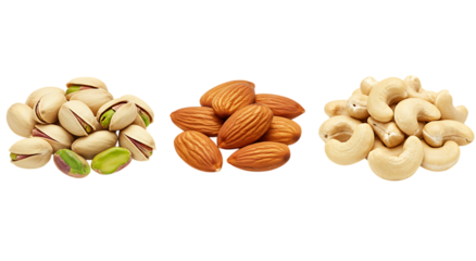 A row of three piles of assorted nuts including pistachios, almonds, and cashews, Isolated on transparent background
