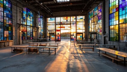 Industrial space with colorful stained glass windows