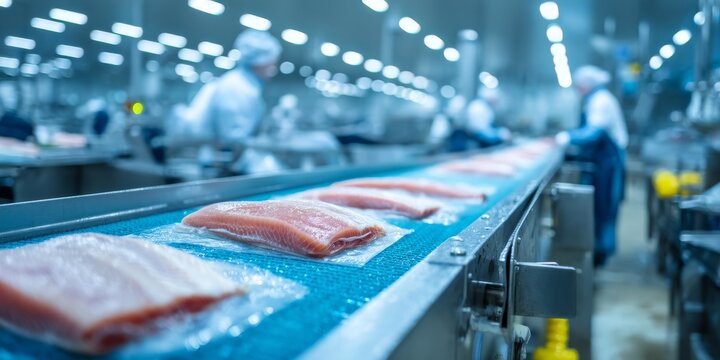 Salmon fillets being processed and packaged in a seafood processing plant