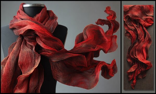 Draped red textile scarf, flowing, dynamic, warm tones