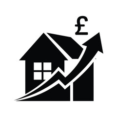 House price increase with an arrow and pound symbol, indicating rising market value and financial growth isolated on white background
