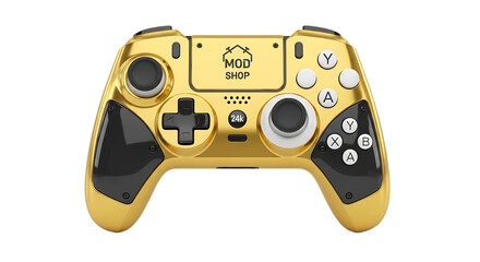 Golden game controller isolated on transparent background for video games