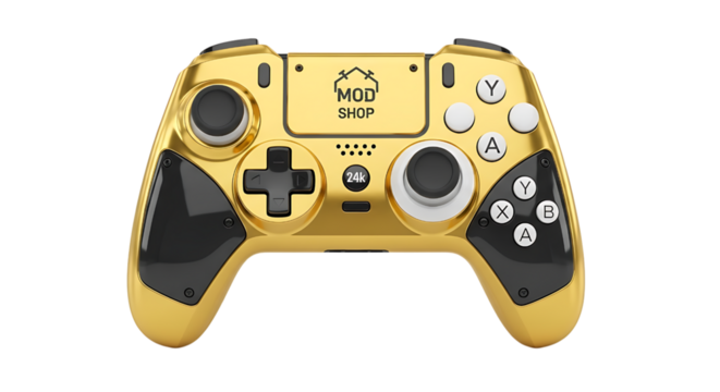 Golden game controller isolated on transparent background for video games