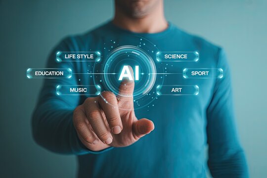 Man s finger touching a digital interface displaying the ai symbol surrounded by futuristic technology icons