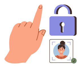 Hand pointing upward, purple padlock icon, facial recognition frame with womans face. Ideal for technology, security, privacy, biometrics, authentication, identity verification simple flat metaphor