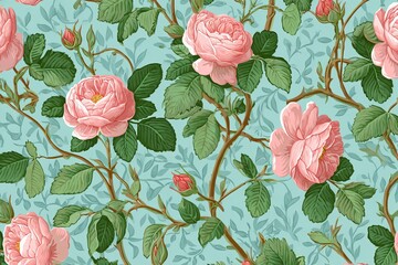 A beautiful design featuring pink roses intertwined with lush green leaves against a soft blue background