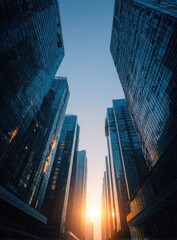 Urban skyline viewed from below, with tall modern glass buildings converging towards a bright sun