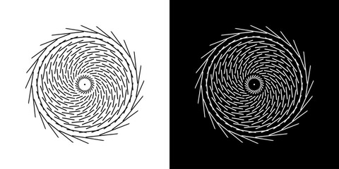 Abstract background with abstract line pattern in circles. Spiral art design as a logo or icon. A black figure on a white background and the same white figure on a black side. Mandala design with line